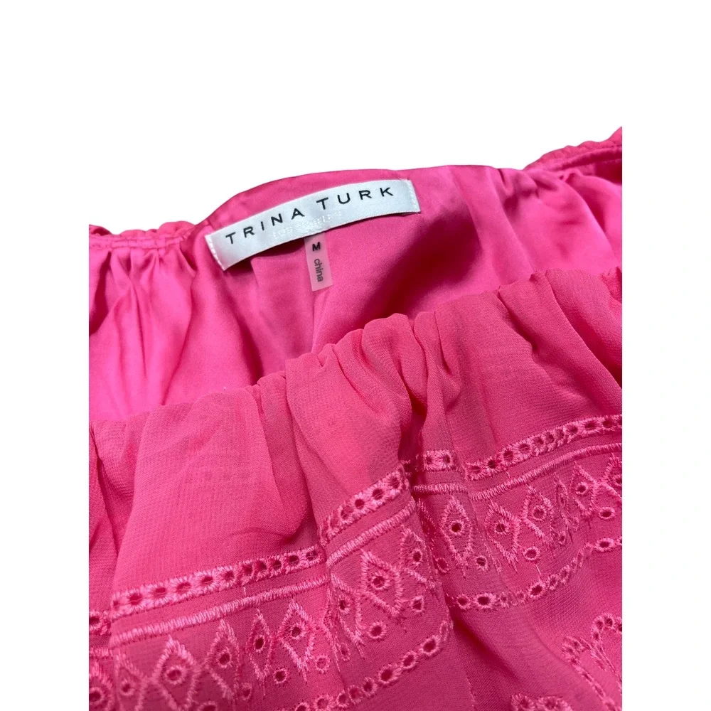 New‎ Trina Turk Phebe One Shoulder Eyelet Ruffle Mini Dress in Pink Size M
